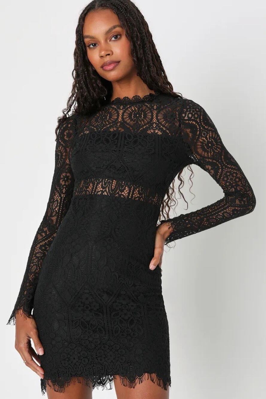 New Lulus Black Floral Lace Sheath Dress Long Sleeve Lined Zip Front Size S